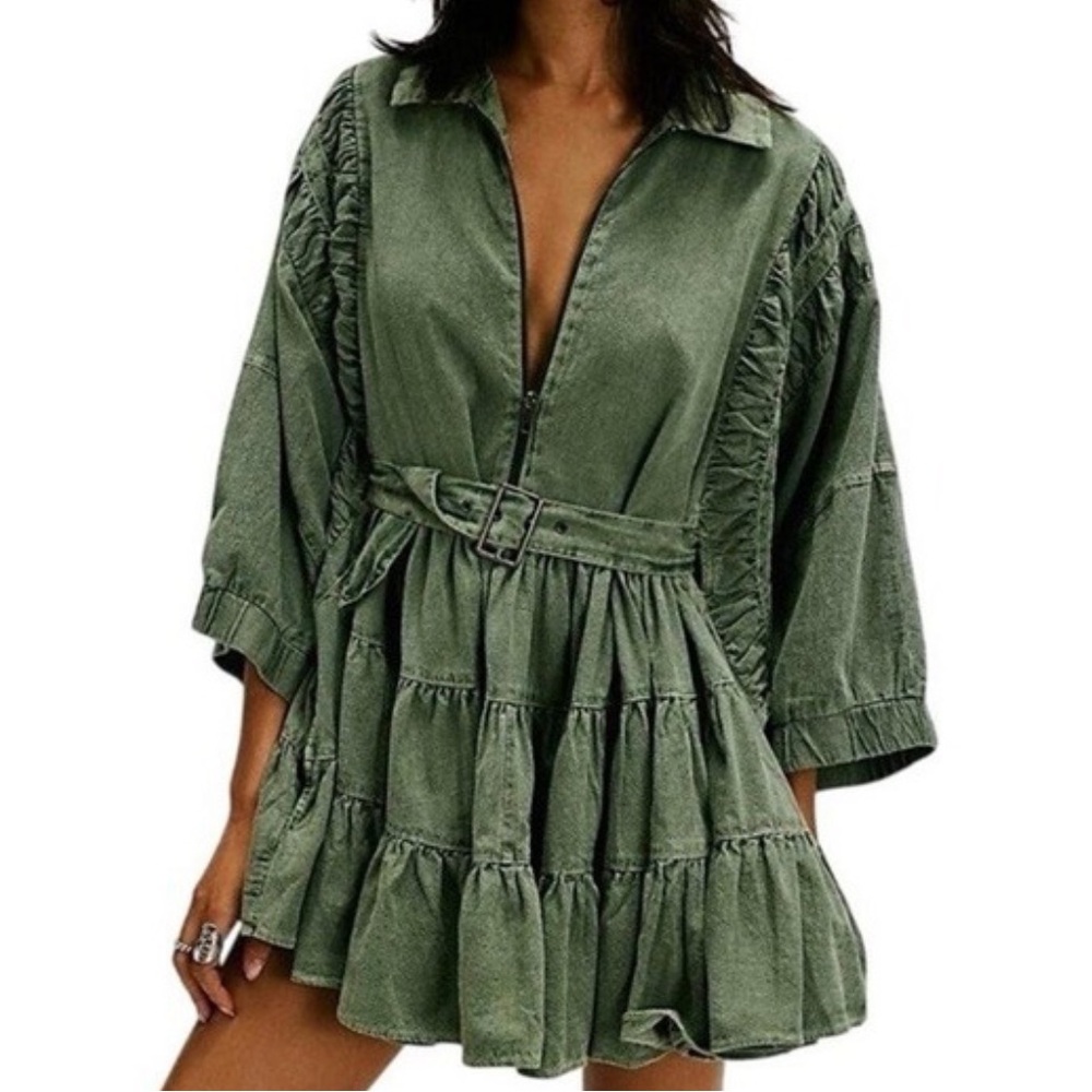 Free People Olive Dress with Ruffles and Belt